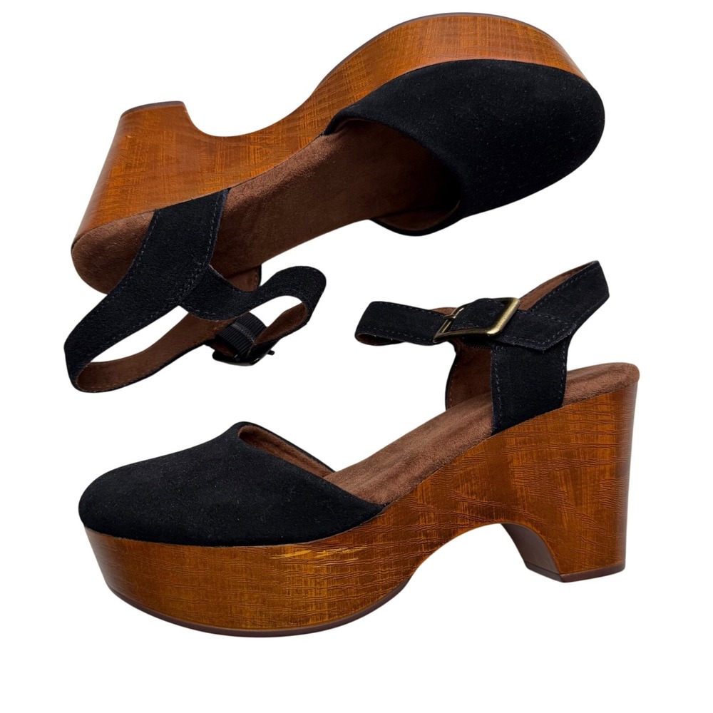 New White Mountain Casey Platform Clogs Black Suede Wood Heel 70's Festival 6.5M